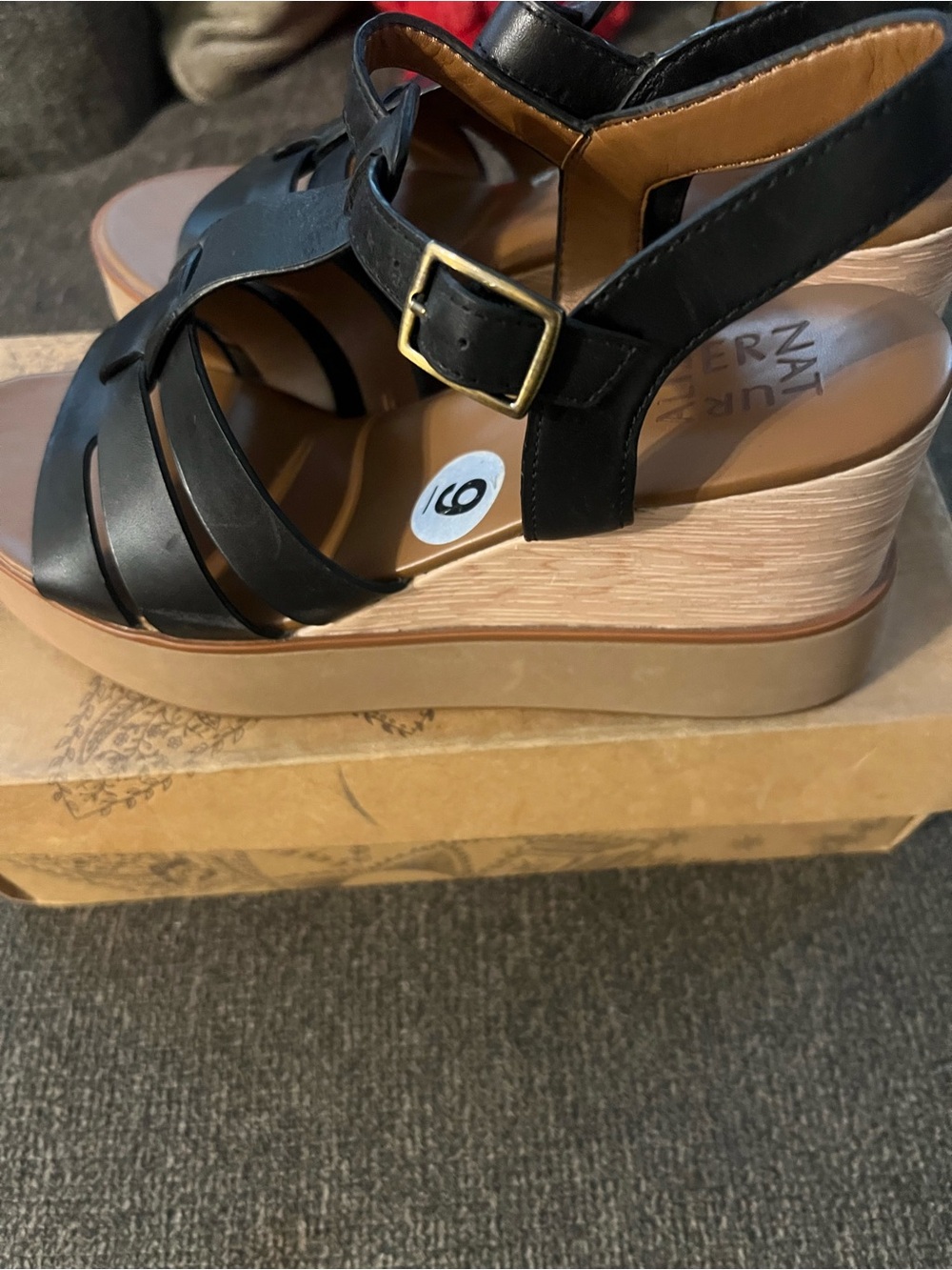 Women's Black Strappy Leather Wedge Sandals with Wood-Look Platform